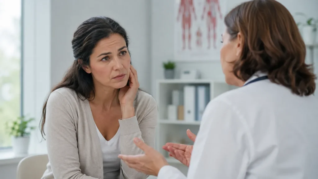 Mujer preocupada hablando con una doctora sobre señales de alerta después de tomar medicamentos